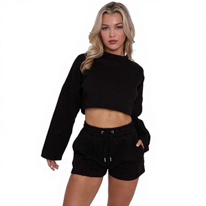 Cropped Hoodie & Jogger Shorts 2-Piece <b>Set</b> <b>Women</b> Eco-Friendly 100% Cotton Customizable Biker Streetwear Tracksuit - Product Image 1