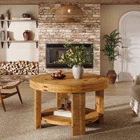 Table basse ronde à 2 niveaux en bois massif avec rangement, brun naturel à anneaux, style ferme, table d'appoint centrale pour salon