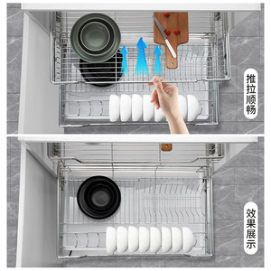 Stainless Steel <b>Kitchen</b> <b>Pull</b>-<b>Out</b> <b>Basket</b> Drawer Type Dish Rack Divided Design For Cabinet Storage - Product Image 4