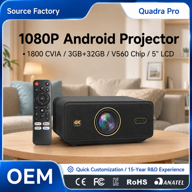 OEM 1080P Projector Quadra Pro 5'' LCD Proyector 1800 CVIA Lumen Sealed Optical Engine 3+32GB 10W Speaker Home Theater Projector
