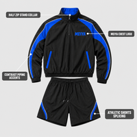 Survêtements noirs personnalisés pour hommes – Coupe-vent en nylon de haute qualité avec col montant, demi-zip et short à cordon de serrage pour sports décontractés