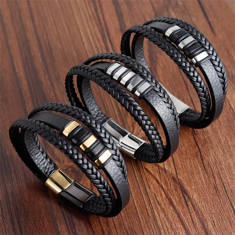 Wholesale Price Men's Braided Leather Bracelets Custom Laser Logo Stainless Steel Clasp Wristband Leather Bracelet For Men