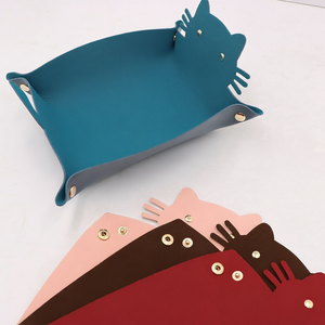Cute Cat Shape Leather Storage Tray In Teal Pink Brown Red Colors Handmade Home Decor Accessory - Product Image 1