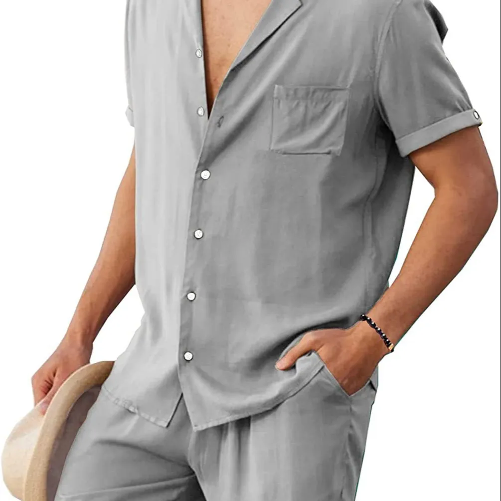 Fashion Men's Linen Short Sleeved Shirt Set Linen Loose Casual Cotton Linen Cardigan Shirt Shorts Summer Beach Shirts Outfit