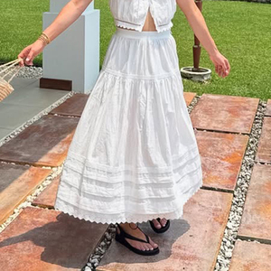 Vacation Style Solid Color Lace Patchwork <b>Split</b> Asymmetrical Midi <b>Skirt</b> Artistic Versatile With Lining Long <b>Skirt</b> - Product Image 3