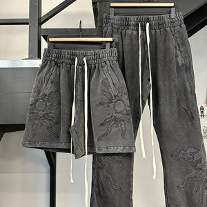 Tùy Chỉnh Ngâm Faded Mặt Trời In Chất Lượng Cao Cotton Retro Đường Phố Lỏng Rộng Chân Phẳng Thể Thao Quần Nam-Giản Dị Mùa Đông - Product Image 4