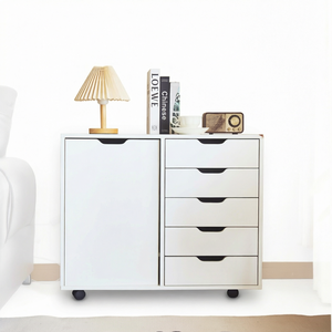 Armadietto Portadocumenti in Legno Bianco con Cassetti e Ruote per Organizzazione dell'Ufficio - Product Image 1