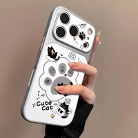 Coque de téléphone portable en peau d'agneau anti-traces de doigts avec motif patte de chat peinte pour 17 Pro Max & 16 avec support intégré