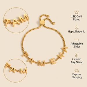 Bracciale Personalizzato con Nome per Donne, Placcato in <span class=keywords><strong>Oro</strong></span> 18K, Regolabile, Gioiello Artigianale, Regalo per Lei - Product Image 1