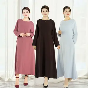 2023 New Style Solid Color Long Sleeve Dress Muslim Girls Abaya Islamic Clothing Modest Abaya Inner Dress Closed Abaya Dress