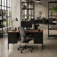 Bureau métallique commercial avec double meuble de rangement à roulettes, structure en acier et plateau imitation bois pour mobilier de bureau, scolaire et gouvernemental