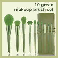 Ensemble de 10 pinceaux de maquillage de voyage verts, poils synthétiques vegan, manche en bois, avec sac, logo personnalisé