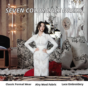 <span class=keywords><strong>Vestido</strong></span> Estilo Marroquí de Siete Colores con Encaje <span class=keywords><strong>Blanco</strong></span> Bordado, Largo hasta la Rodilla, Cintura Imperio, Novedad para Ramadán, Teñido Liso - Product Image 3