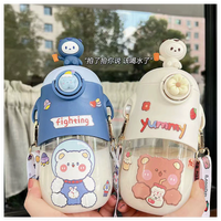 창의적인 어린이용 인형 빨대 물컵, 새지 않는 기능, 대용량, 투명한 디자인, 귀여운 만화 플라스틱