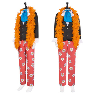 One Piece Brook Cosplay Costume Adult Men Halloween Party Outfit Pants Vest <b>Top</b> Orange <b>Feather</b> Scarf Cross-Border Source - Product Image 2