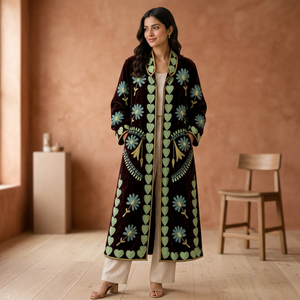 <b>Women</b> Hand <b>Embroidered</b> Suzani Velvet Coat Dark Plum Maroon Floral Heart Motif Long Duster <b>Jacket</b> Open Front Kimono Robe Boho - Product Image 6