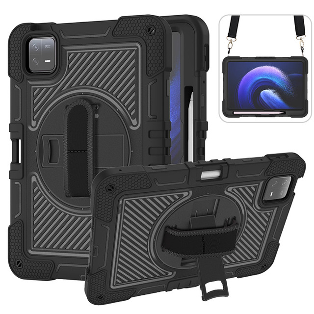 Tablet Shockproof Cover for Xiaomi Pad 6/6 Pro 11'' with Spin Stand, 3 in One Protective Case with Hand Strap Shoulder Strap