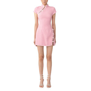 Su misura di alta qualità una linea Mock collo manica corta Modulare con bottone ad arco <span class=keywords><strong>Tweed</strong></span> donna Mini abito - Product Image 1