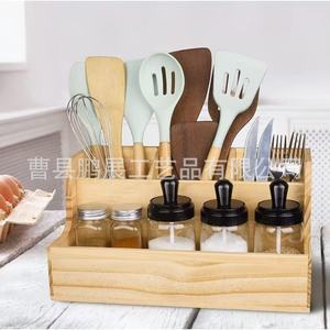 <b>Wooden</b> Kitchen Organizer <b>Box</b> With Utensil Holder And Spice Jars Multi Function Storage For Cooking <b>Tools</b> And Seasonings - Product Image 1