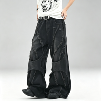 SOONREE Jean cargo clouté personnalisé pour homme, noir, coupe ample, en denim, multi-panneaux, à rabats effilochés, style punk streetwear
