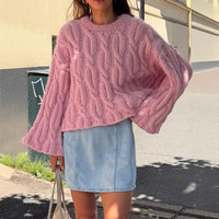 Pull en maille torsadée rose automne décontracté et respirant en acrylique à manches chauve-souris, col rond, coupe ample amincissante pour femme, motif uni, doux