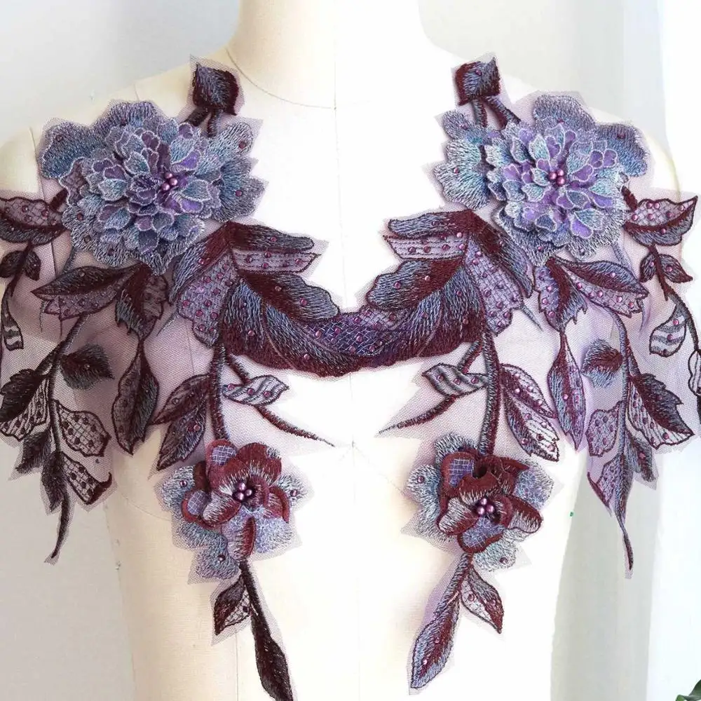 DIY 3D Embroidery sequin beaded purple lace floral flower applique for wedding dress