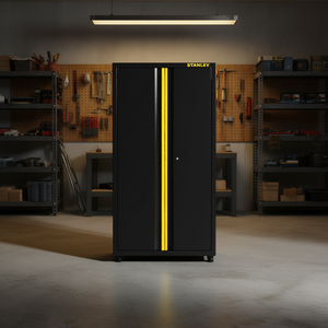 Stanley <b>Tall</b> 2-Door Tool <b>Cabinet</b> Black With Yellow Stripe Storage Unit - Product Image 3