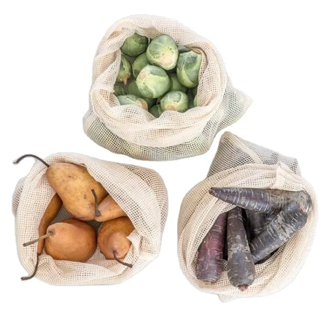 Reutilizáveis Produzir Sacos em Malha Orgânica & Musselina (7-Pcs Set) Armazenamento Eco Veji bag BÔNUS Swaddle Sheet Store Frutas, nozes