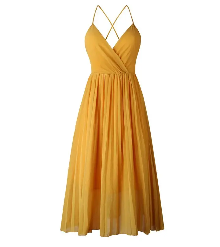 Amazon hot sales summer white yellow girl's halter dress casual vacation dress chiffon sexy dress women