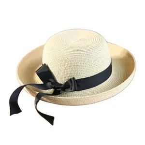 Topi jerami tepi lebar perlindungan UV, topi jerami ikatan simpul perlindungan matahari