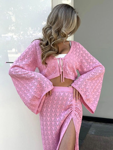 Wholesale Sexy <b>Knit</b> <b>Set</b> Pink Cut Out Swimsuit Cover Up Vacation Style <b>Knit</b> Beach Dress Women's Summer Bell Sleeve Lace-up Loose - Product Image 1