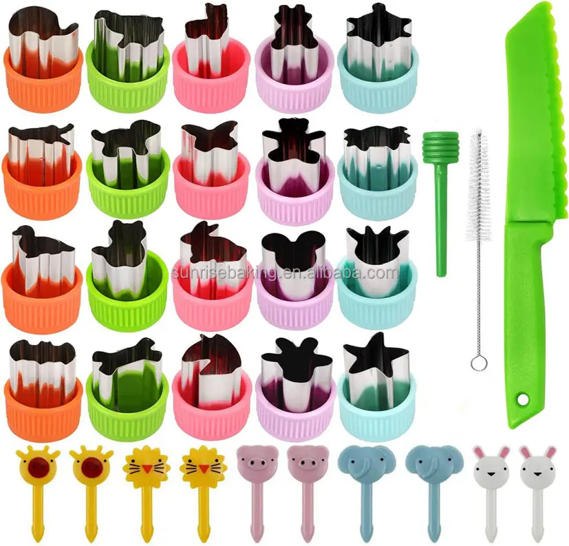 33Pcs Stainless Steel Vegetable Fruit Cutter Plastic Safety Knife Food Decorative Forks For Kids DIY Bento Box Accessories Set