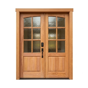 Portes d'entrée doubles en bois de teck massif et acajou avec dessus arqué en verre texturé pour l'entrée principale de la maison - Product Image 1