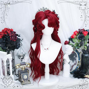 เลดี้โรสวิกผมหยิกยาวอะนิเมะคอสเพลย์หมวกคลุมศีรษะเต็มรูปแบบเส้นใยคานกะลอนเส้นผมธรรมชาติโปร่งใสลูกไม้สีแดง - Product Image 4
