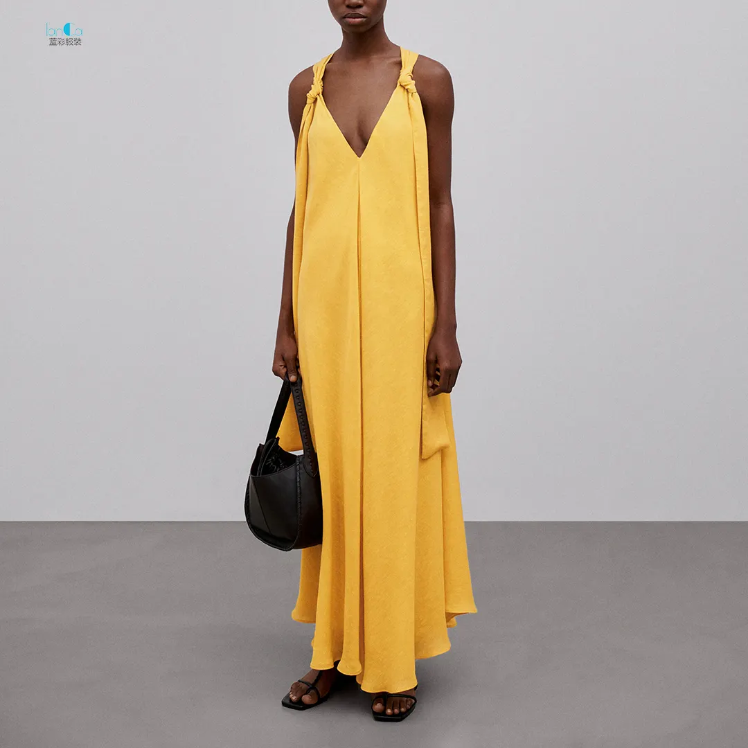 उच्च गुणवत्ता बिना आस्तीन ढीला महिला आकस्मिक पीला लंबी पोशाक पट्टियाँ विदेशी वापस गाँठ के साथ सनी पोशाक