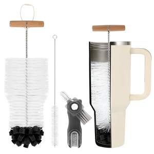 Cepillo limpiador de botellas con mango largo de madera para vasos Stanley, cepillo de limpieza de tapas de tazas 3 en 1, cepillo largo para pajitas - Product Image 1