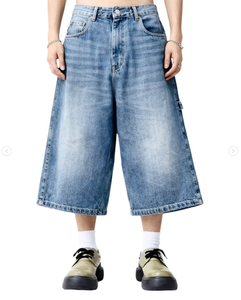 <span class=keywords><strong>Jeans</strong></span> Capri da Uomo Vintage <span class=keywords><strong>Grigio</strong></span> Sbiadito a Gamba Larga, Denim Sfumato Lavato, Jorts Streetwear Baggy a Lunghezza Corta - Product Image 2
