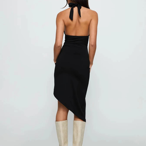 Women's Black Halter Neck Backless Bodycon Midi Dress Asymmetrical Hem Stretchy Knit Deep V <b>Tie</b> <b>Back</b> Party Club Dress - Product Image 3
