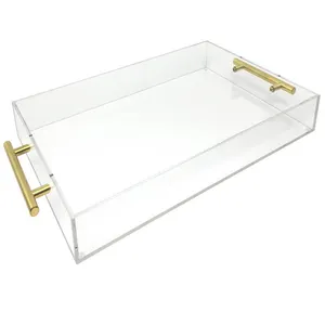 Customize Size Logo Clear Rectangular Acrylic Serving Tray With Gold Handles