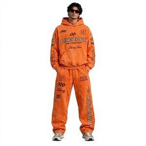 Conjunto Deportivo de Sudadera con Capucha y Pantalones Deportivos Extra Grandes para Hombre, Color Naranja, Estilo Motorsport, One Apex Racing Streetwear, 2 Piezas - Product Image 1