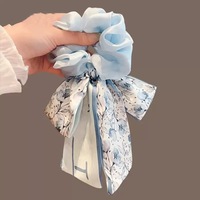 Élastique à cheveux en soie rose à imprimé floral élégant de style coréen avec nœud, accessoire de coiffure féminin de 14 cm pour fête