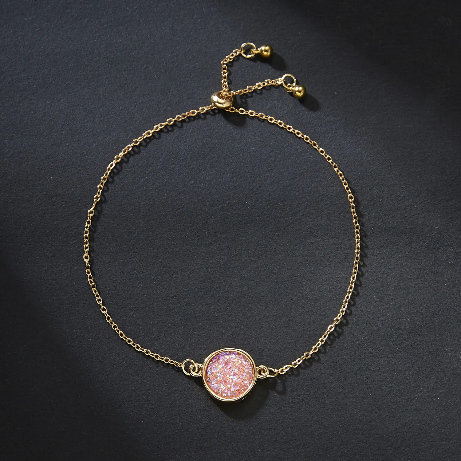 Charm Dainty Genuine Tiny 14 18k Gold Round Drusy Druzy Gold Chain Bracelet Jewelry For Women