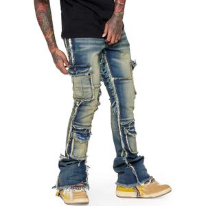 Nouveautés - Pantalons cargo vintage bleus à bords bruts - Jeans en denim pour hommes - Product Image 2