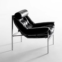 Fauteuil design en acier inoxydable et cuir véritable, style rétro décontracté, noir, pour l'extérieur ou la chambre.