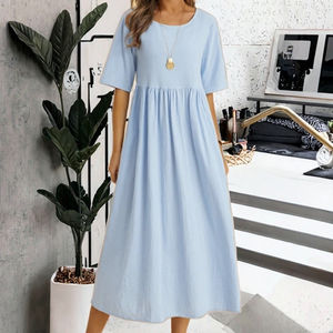 Robes d'été décontractées en coton et lin, maxi, respirantes, écologiques, lavables, non tissées, taille naturelle, manches courtes, vente flash - Product Image 3