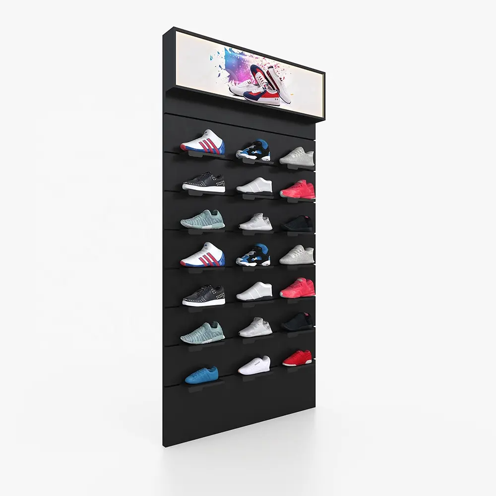 Brand shoe store vertical design metal paint black wall floor stands levitating shoe display for retail shop