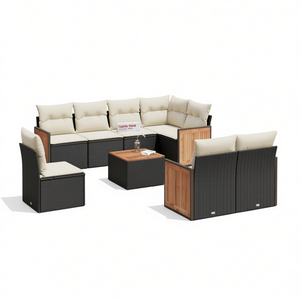 Ensemble de canapés de jardin en rotin PE noir 6 places avec housses amovibles, mobilier d'extérieur au design contemporain, panneaux en teck - Product Image 1