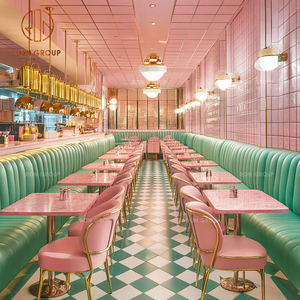 Set di Mobili per Caffetteria, Ristorante e Bar: <span class=keywords><strong>Divano</strong></span> in Pelle Verde, Tavolo in Marmo Rosa e Sedie Verde Chiaro per Spazi di Ristorazione - Product Image 3