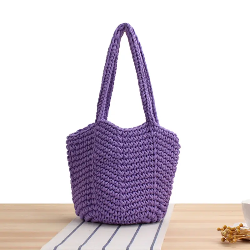 Luxury Summer Beach Bag Cotton Rope Woven Handbags Solid Color Crochet Woven Hand Beach Bag