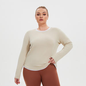 Camiseta Deportiva Ligera de Otoño para Mujer, Talla Grande, Spandex/Algodón, Bloques de Color, Mangas Largas, Cuello Holgado, Secado Rápido - Product Image 4